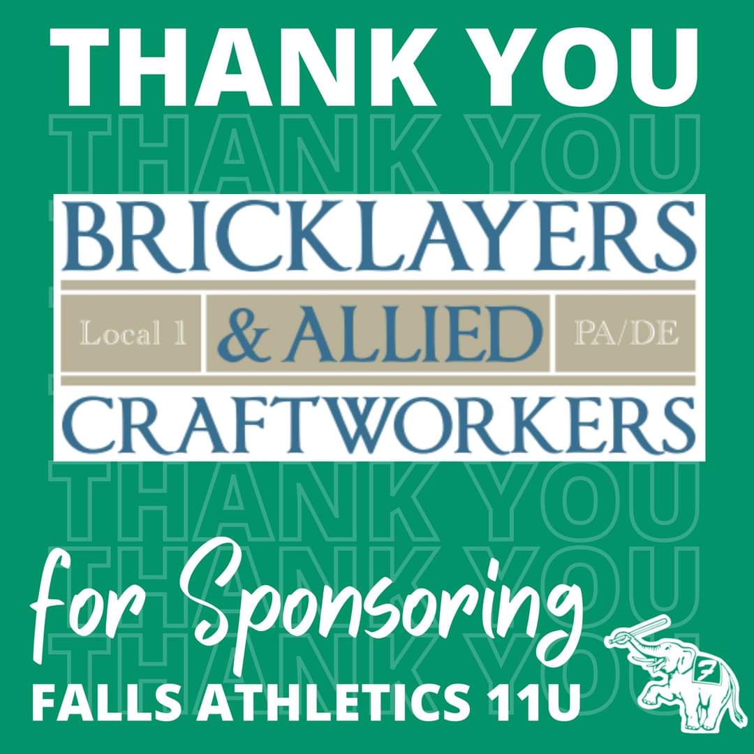 Thank you to the Bricklayers and Allied Craftworkers #1 Pa.-De. for sponsoring Falls Travel 11U!

Website: BAC-1.org
Facebook.com/PhillyBAC1 Craftworkers #1 Pa.-De.
Instagram: @BACLocal1PADE
Twitter: <a href="/Local1BAC/">BAC 1 PA -DE</a>
