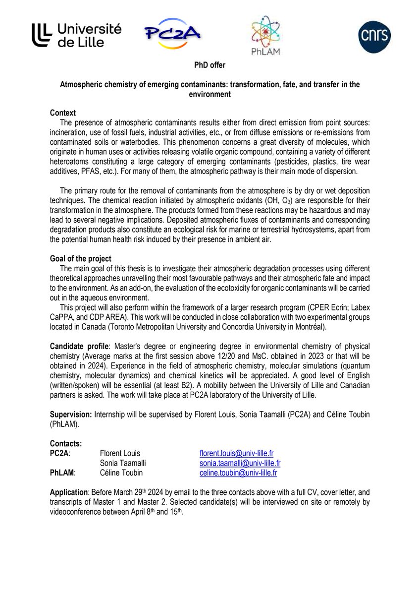 Florent LOUIS (@florentlouis59) on Twitter photo PhD offer for starting in October 2024 #atmoschem #contaminants @PC2A_umr8522 <a href="/Phlam_Labo/">Laboratoire PhLAM</a> <a href="/RechercheUlille/">Recherche - Université de Lille</a> <a href="/CNRS_HdF/">CNRS Hauts-de-France</a> <a href="/inter_univlille/">International - Université de Lille</a>
<a href="/labexcappa/">Labex CaPPA</a> <a href="/CperEcrin/">ÉCRIN : Environnement Climat Recherche&Innovation</a>
Strengthening 🇫🇷 🇨🇦<a href="/TorontoMet/">Toronto Metropolitan University</a> <a href="/Concordia/">Concordia University</a>
<a href="/franceaucanada/">La France au Canada 🇫🇷 🇪🇺</a> <a href="/francetoronto/">France in Toronto 🇫🇷🇪🇺</a> <a href="/FranceQC/">La France à Québec 🇫🇷 🇪🇺</a> <a href="/CNRS_Canada/">CNRS Canada</a>
<a href="/CIC_ChemInst/">Chemical Institute of Canada</a> PhD offer for starting in October 2024 #atmoschem #contaminants @PC2A_umr8522 <a href="/Phlam_Labo/">Laboratoire PhLAM</a> <a href="/RechercheUlille/">Recherche - Université de Lille</a> <a href="/CNRS_HdF/">CNRS Hauts-de-France</a> <a href="/inter_univlille/">International - Université de Lille</a>
<a href="/labexcappa/">Labex CaPPA</a> <a href="/CperEcrin/">ÉCRIN : Environnement Climat Recherche&Innovation</a>
Strengthening 🇫🇷 🇨🇦<a href="/TorontoMet/">Toronto Metropolitan University</a> <a href="/Concordia/">Concordia University</a>
<a href="/franceaucanada/">La France au Canada 🇫🇷 🇪🇺</a> <a href="/francetoronto/">France in Toronto 🇫🇷🇪🇺</a> <a href="/FranceQC/">La France à Québec 🇫🇷 🇪🇺</a> <a href="/CNRS_Canada/">CNRS Canada</a>
<a href="/CIC_ChemInst/">Chemical Institute of Canada</a>