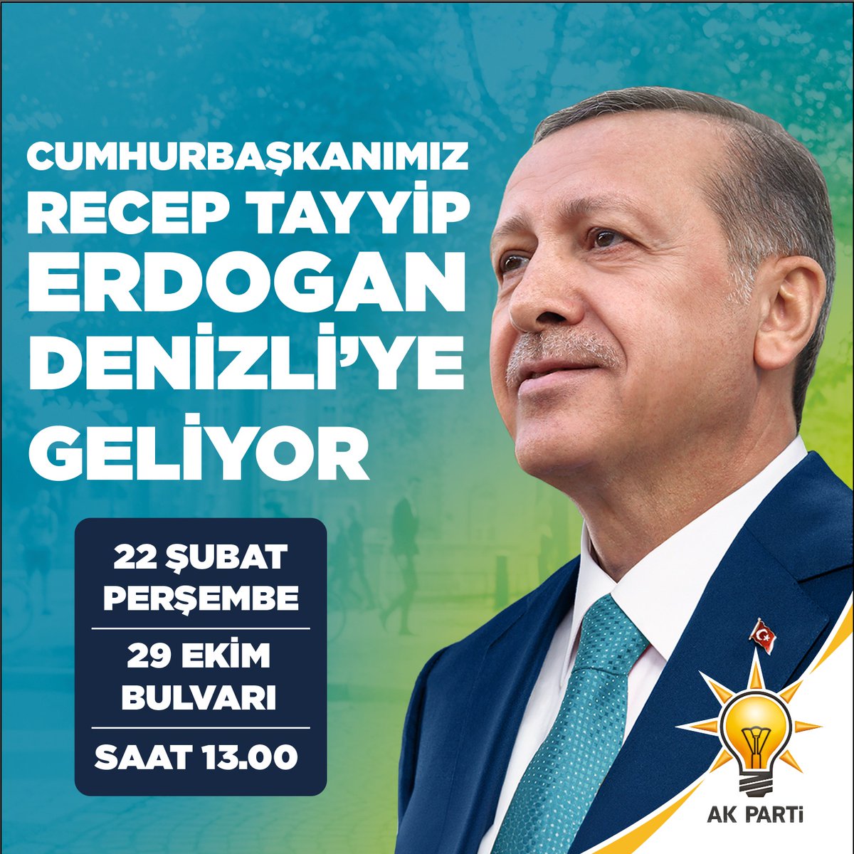 Cumhurbaşkanımız Sayın Recep Tayyip Erdoğan Denizli'ye Geliyor.

📆 22 Şubat 2024 Perşembe Günü
⏰ 13:00
📍 Özay Gönlüm Bulvarı 

Tüm Halkımız davetlidir.

#MilletinAdamıDenizlide 
#DenizliBizeEmanet 
#HazırızKararlıyız