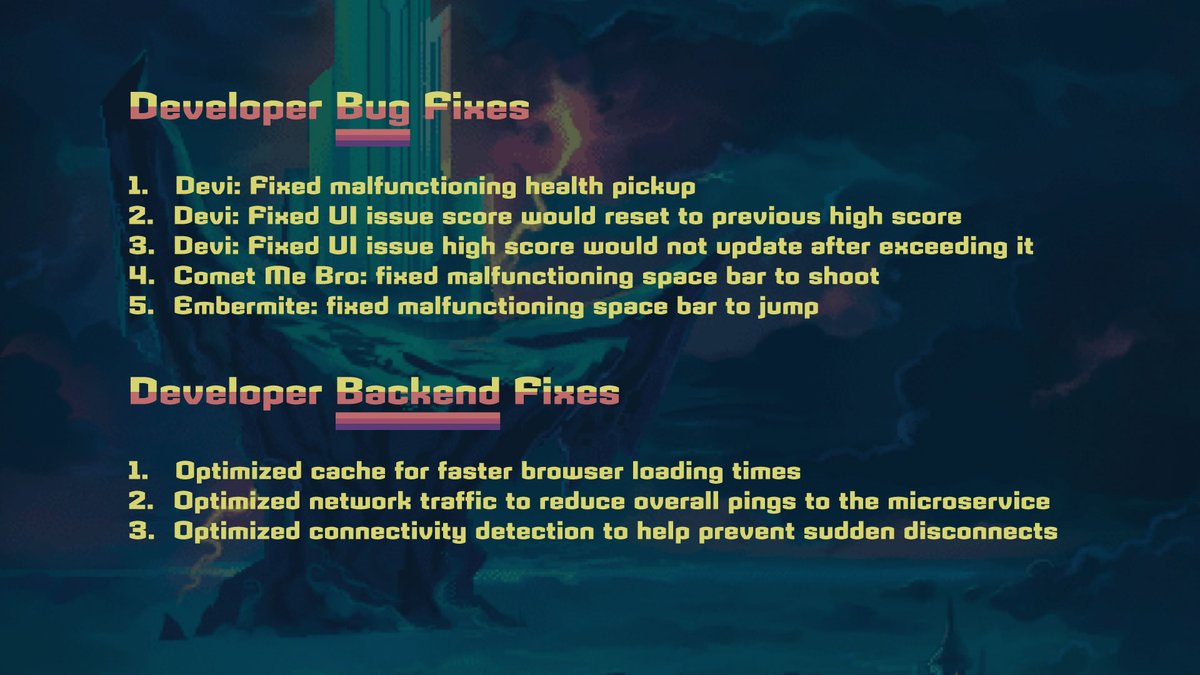 The list of backend/bug fixes from last week our devs have been busy with. Optimization on all games is looking great and we can't wait to see this week's high scores!  #optimization #arcade #gaming