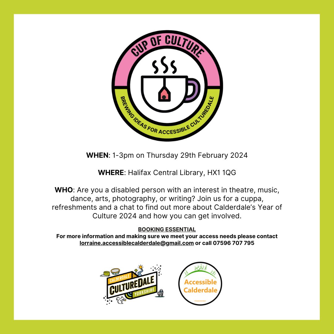 CultureDale2024's tweet image. Cup of Culture ☕️

Join us for a cuppa, refreshments and a chat to find out more about Calderdale’s Year of Culture 2024 and how you can get involved.

🗓️ When: 1-3pm Thursday 29th February 2024
📍 Where: Halifax Central Library, HX1 1QC

Booking is essential for this event.