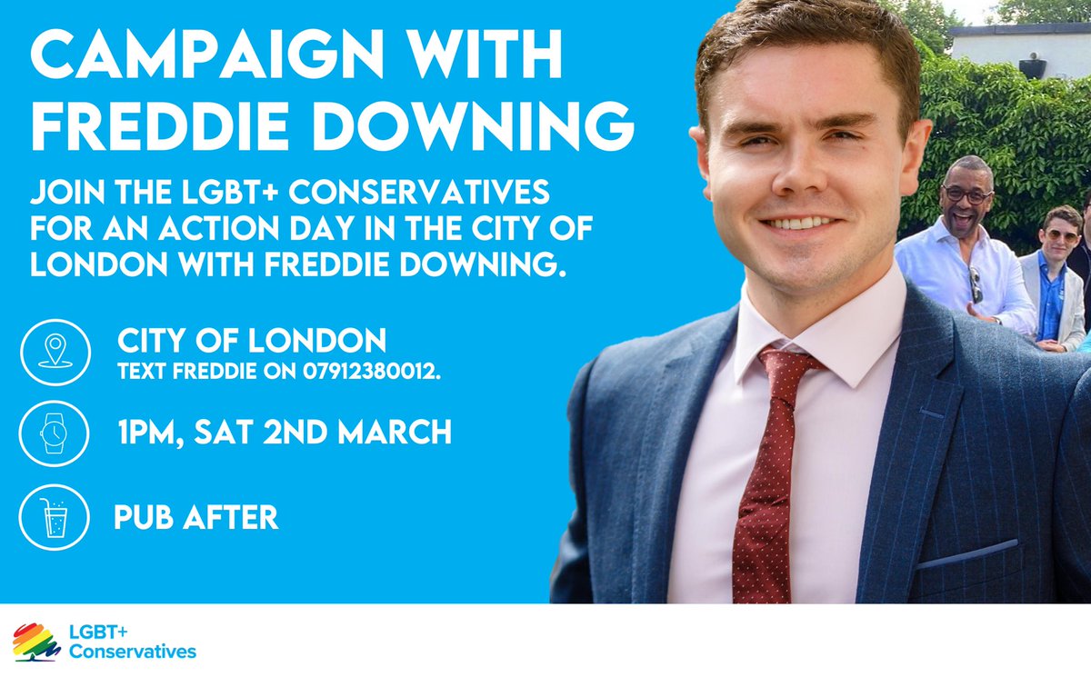 Join us, @CLWCA, @CityHallTories and LGBTCons member @FreddieDowning_ next month. 📍City of London 📆 Saturday 2nd March 🕖 1PM Drop Freddie or @lukerobertblack a message if you’d like to join.