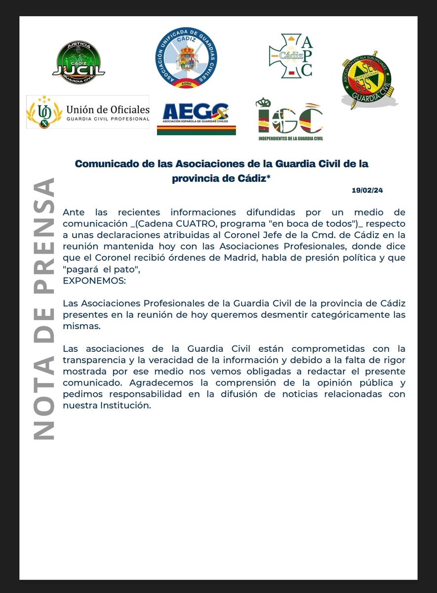 IGCCadiz's tweet photo. Nota de prensa de las asociaciones representativas de @guardiacivil en la Comandancia de Cádiz, con motivo del revuelo causado en programa de Cuatro.
@_IGC_ con lealtad, responsabilidad y veracidad https://t.co/wg6m939ZIZ