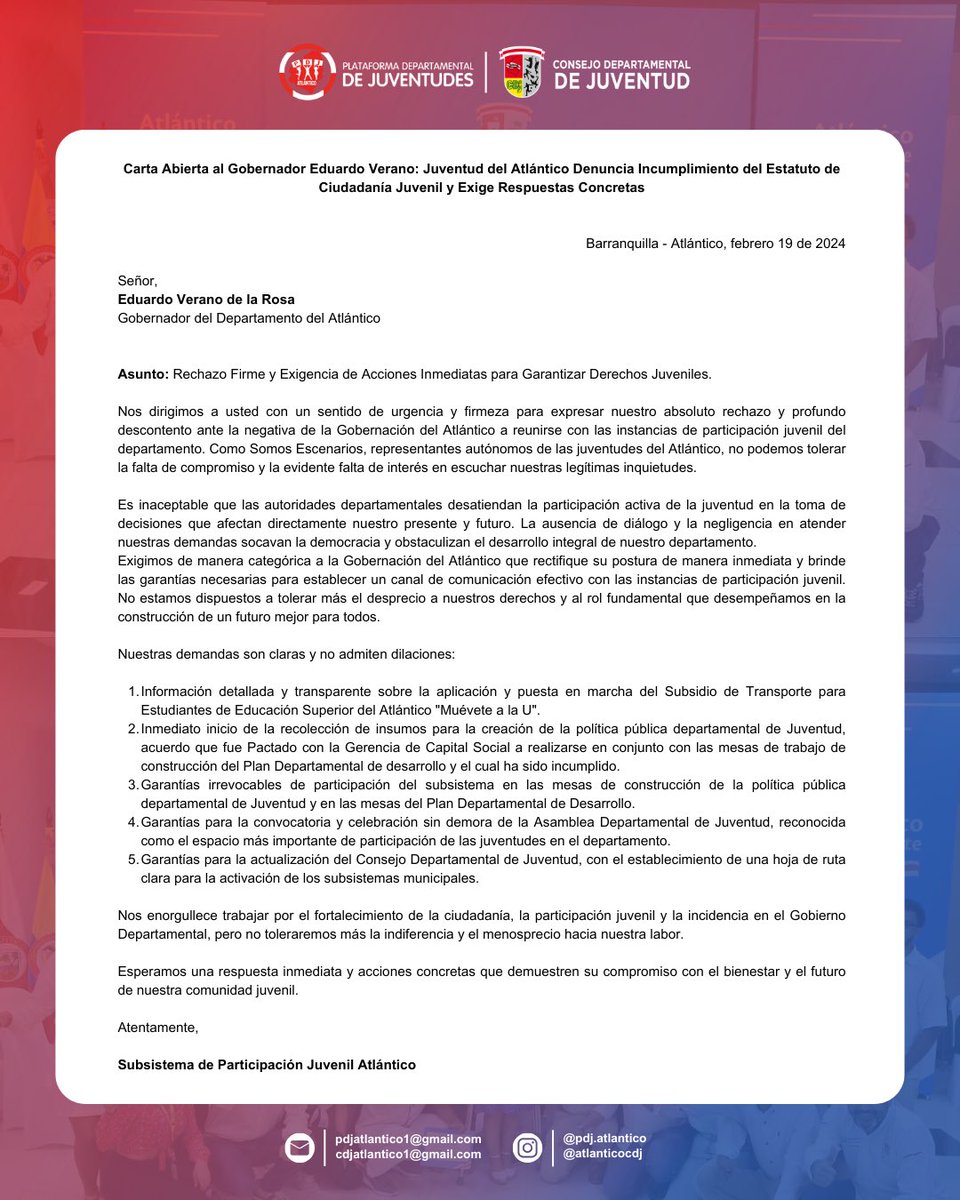 ¡Urgente! 🚨 

Carta abierta al Gobernador <a href="/veranodelarosa/">Eduardo Verano de la Rosa</a>: La juventud del Atlántico alza la voz contra el incumplimiento del Estatuto de Ciudadanía Juvenil. Exigimos respuestas y acciones concretas para garantizar nuestros derechos. ✊🏻🇵🇱