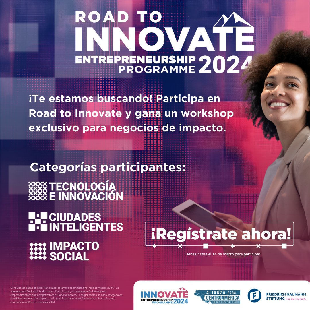 ¡🚀 Participa en #RoadToInnovate para la oportunidad de ganar mentorías en modelos de negocio de impacto y un viaje a un destino sorpresa!
Categorías: Ciudades Inteligentes, Tecnología e Innovación, Impacto Social. 🌍✨ 

🔗Regístrate ahora innovateprogramme.com/index.php/regi…