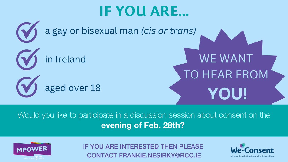 👬 Are you a gay or bisexual man (cis or trans) in Ireland &amp; aged 18+?

📢 We’ve teamed up with the folks <a href="/WeConsentIRL/">We-Consent</a> to run a discussion session so we can better understand how gay and bi men (cis &amp; trans) think and feel about consent.

If you’re interested, drop us a mail 👇🏻