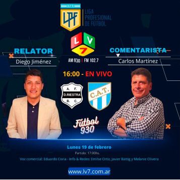#Fútbol #CopaSurFinanzas

📌Fecha 6 | Zona A

Previa: ⏱️16:00
Partido:⏱️17:00

Relata:
🎤Diegol Jiménez 
Comenta:
🎧Carlos Martínez
Voz comercial:
🎙️ Eduardo Coria
Redes:
Javier Battig, Emilse Ortíz y Melanie Olivera