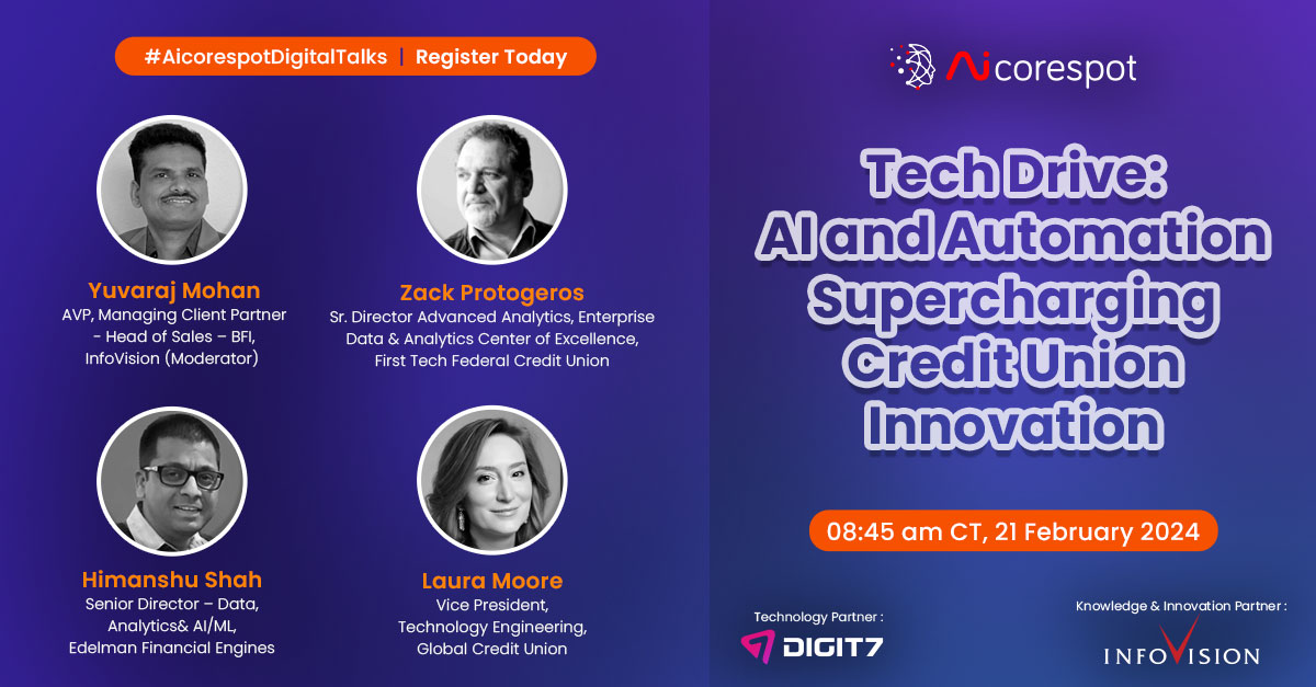 ⏳ Only 2 days left! Join our discussion, "Tech Drive: #AI &amp; #Automation Supercharging #CreditUnionInnovation," on Feb 21, featuring speakers Yuvaraj Mohan, Zack Protogeros, Himanshu Shah, and Laura Moore. Explore AI's power in credit unions. Register now: live.zoho.in/GdbQ9seBz6