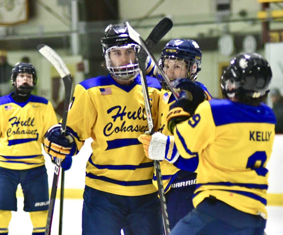 After a nice celebration of @SkipsHockey newest members of the 100 pt. Club, C-H takes a 2-0 lead after one period. Goals by Kelly and Dunham. Assists from Mullen and Casagrande. @CohassetSports @CohassetTweet @CoHSPrincipal