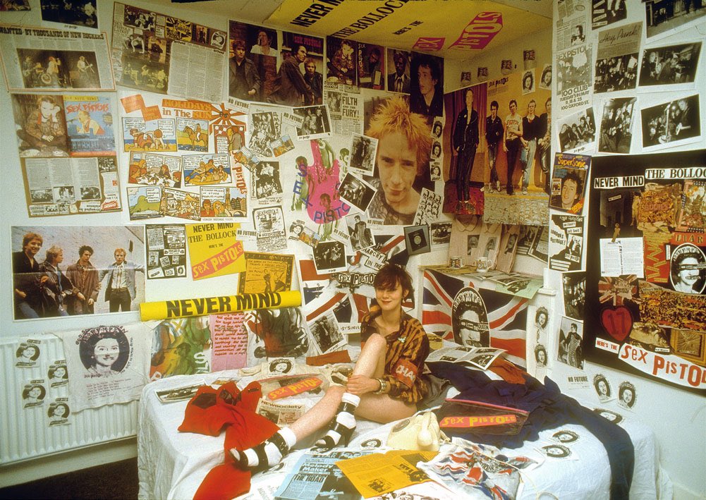 Liz Hall surrounded by Sex Pistols memorabilia (circa 1979) © Phil Strongman