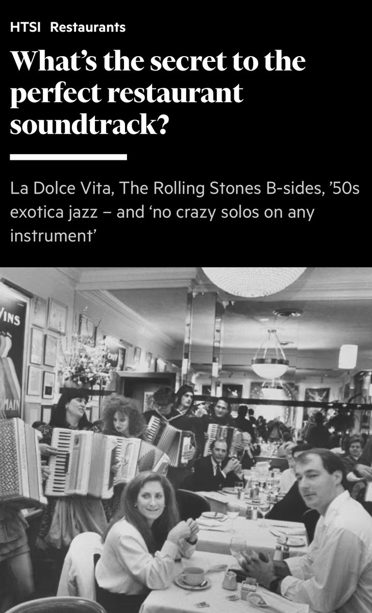 A memory that will always haunt me is my first fine dining experience when the soundtrack was completely inappropriate. (Think delicate tasting menu + loud MGMT)

Thankfully I had <a href="/msjchun/">foret!</a> to write management an 800-word appeal that got the music changed

on.ft.com/3wgNYLo