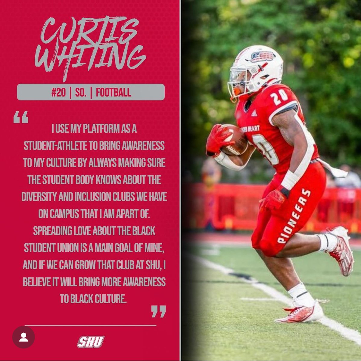 Celebrating Black History Month!! Today we highlight Curtis Whiting, who shares how he uses his platform as a student-athlete to bring awareness to his culture. #WeAreSHU #BHM