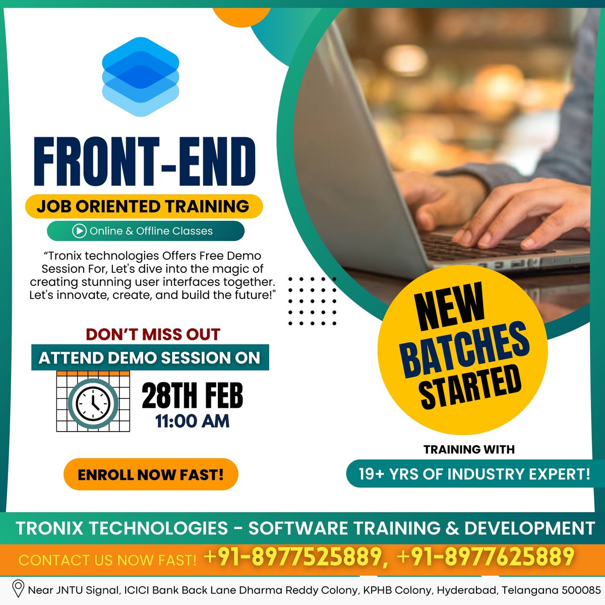 Don't Miss Out this Opputunity!
#ReactJS #reactjsdeveloper #frontend #frontenddevelopment #frontendtraining #reactjstraining #html #css #javascript #tronixtechnologies #softwaretraininginstitute #education #learining #bestsoftwaretraininginstitute #onlinelearning