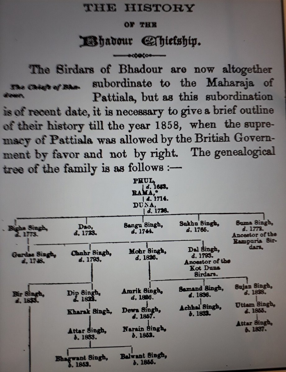 _Gurpreetmaan's tweet photo. History of #Bhadaur
Bhadaur is a town in Barnala district in the state of Punjab, India. It is part of the Bhadaur Assembly Constituency.
Bhadaur was an independent princely state till 1857, then it was brought under subordination of Patiala by British Govt by a favour not by right.
Bhadaur is the first joint capital of Phūlkian dynasty founded by Rama 2nd son of Phul. The princely state of Patiala, is rooted to Bhadaur. The family is Sidhu Jat. Descendants of Chaudhary Phool settled here after conquering the area from muslim invaders, leaving the village of Mehraj, Phul and Dhipali. Ram Singh the son of Chaudhary Phool established the house of Bhadaur for his sons Dunna Singh elder and Ala Singh younger (First Maharaja of Patiala). After spending 17 years in joint family at Bhadaur Ala Singh moved to Barnala then founded the city of Patiala and became first ruler of Patiala Kingdom and Bhadaur state was left to his elder brother Dunna Singh, whose descendants still lives at Bhadaur.
Bhadaur was the only princely town where the royal family held eight residential forts individually. Bhadaur is home to the Phūlkian Sardars, who own and rule 84 villages. Most of the lands in and around Bhadaur belong to them. The royals of the House of Bhadaur are known as Bhadaurias and Bhadauriye Sardar. Tales about the Bhadaurian ruler Chuhr Singh appear in Richard Carnac Temple's The legends of the Punjab.
Bhadaur features the Sheetla Mata Temple and the 11-Rudra (11 rudras together are rare) Shivaist temple Pathran Wali. There are brass pipelines connected to the temple from all the Phūlkian forts to offer pure ghee for jyot (holy fire).
#Punjab || #FarmerProtest