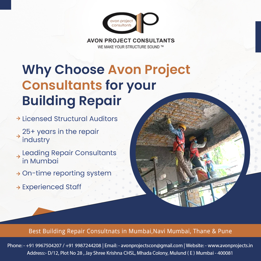 avonprojects's tweet photo. Why Choose Avon Project Consultnats for Building Repairs.

Avon Project Consultants
Building Repair And Rehabilitation Consultant In Mumbai, Navi Mumbai, Thane &amp; pune
Phone: - +91 9967504207 / 099872 44208 | Email: - avonprojectscon@gmail.com | Website: - https://t.co/Ttp3tAcGt1 https://t.co/TtVyM6uuYZ