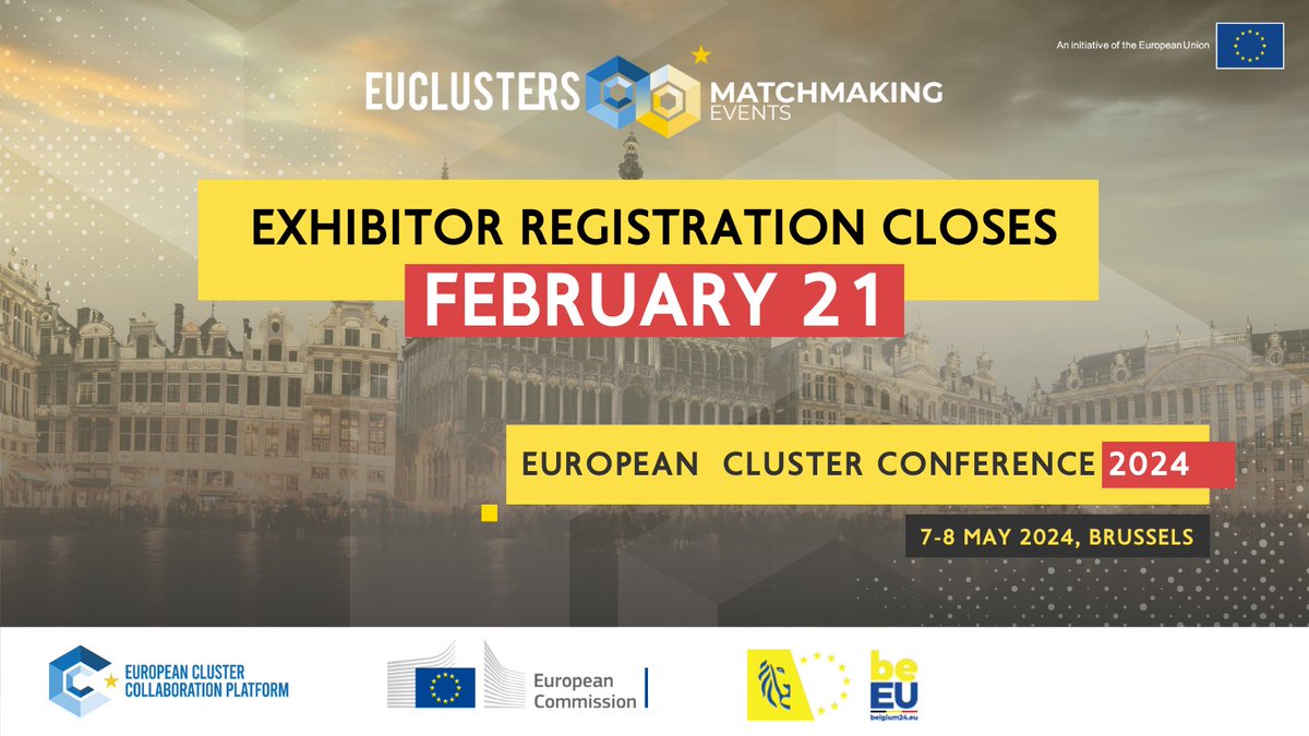 📢Only a few slots left to apply as an exhibitor for the #EUClusterConference 2024! 

⏳This is the last chance to secure your spot to present your projects and innovations to key industry leaders!

✍️ Applications close this Wednesday, 21 Feb.

Apply👉 bitly.ws/3beqR