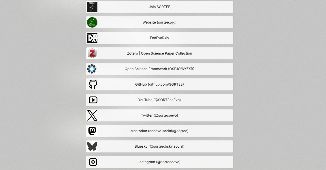 Good news! SORTEE now has a Linktree containing all the links you need to contact and engage with us as well as to find #openscience resources. Please, help us spread the word by sharing this post and joining our community. The more, the merrier. linktr.ee/sortecoevo