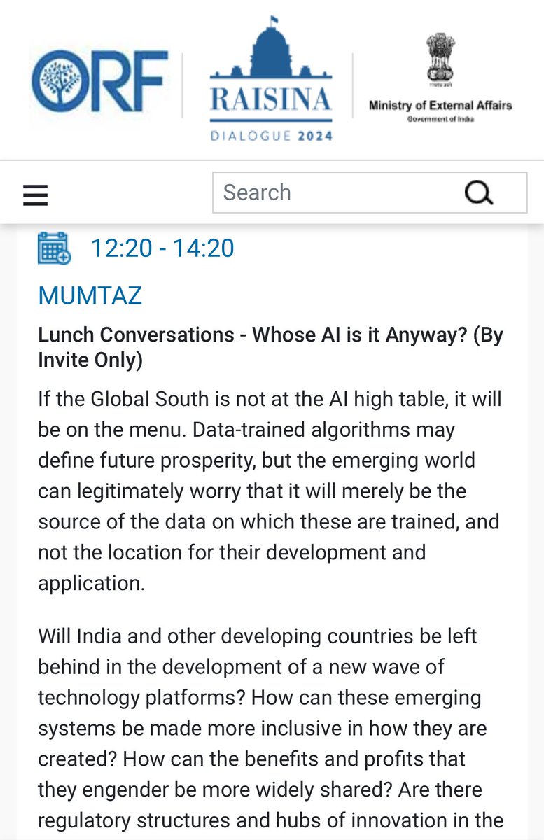 Kicking off the Monday before I fly off to Delhi for @raisinadialogue by going through the freshly-dropped #Raisina2024 agenda 📱 Fantastic (if sinister) one-liner: “If the Global South is not at the #AI high table, it will be on the menu.”