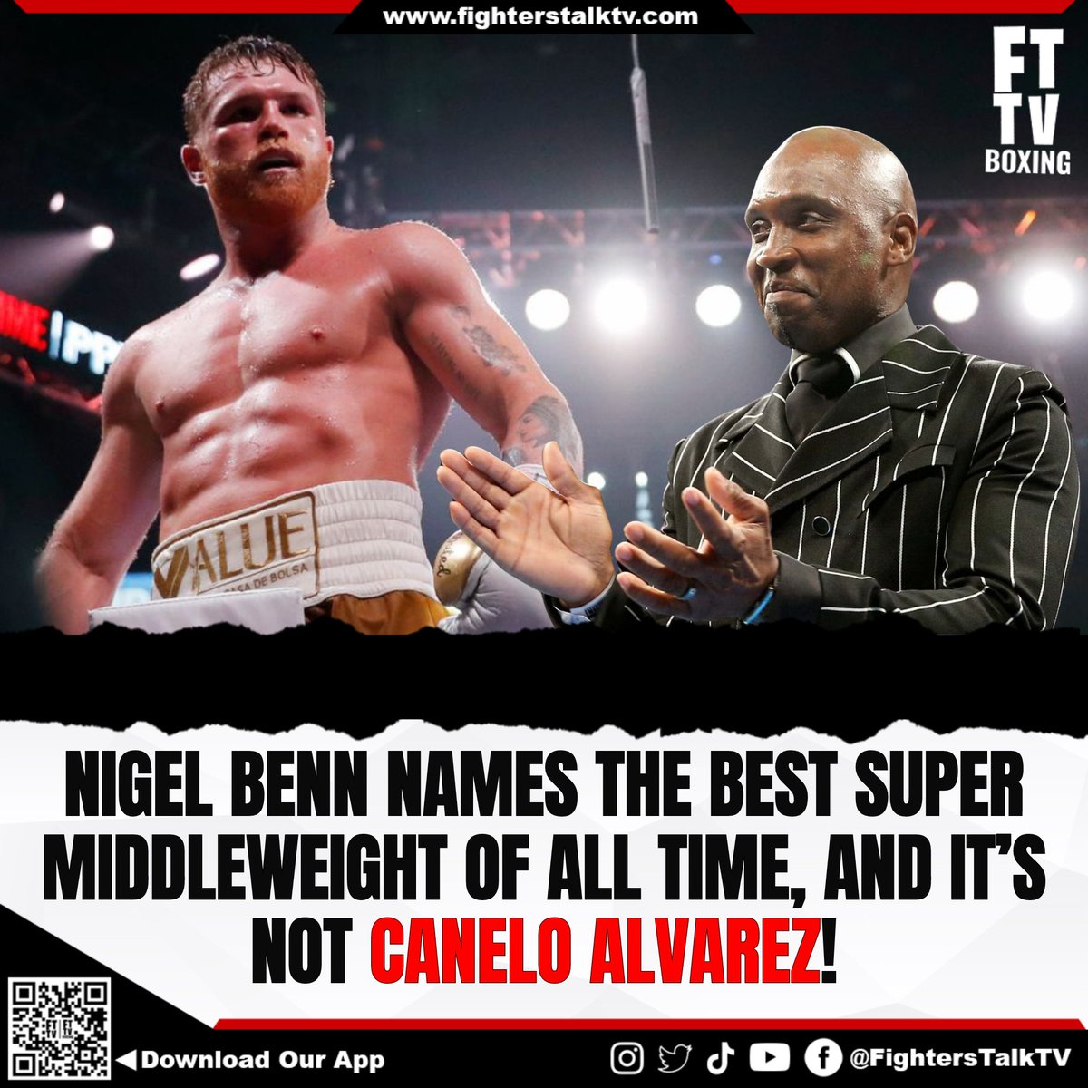 FTTVBoxing's tweet image. Boxing legend Nigel Benn says Joe Calzaghe, not Canelo Alvarez, is the best super middleweight ever!

Who&apos;s your pick for the best 168lber ever? 

#boxing #NigelBenn #JoeCalzaghe #Canelo