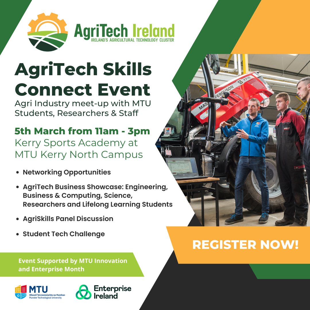 Join us on March 5th at our upcoming Skills Connect event at @MTU_ie in Tralee, Co. Kerry where we are enabling new connections between industry, educators, students and researchers. Register here: agritechireland.ie/agritech-skill… #AgriTech #Skills