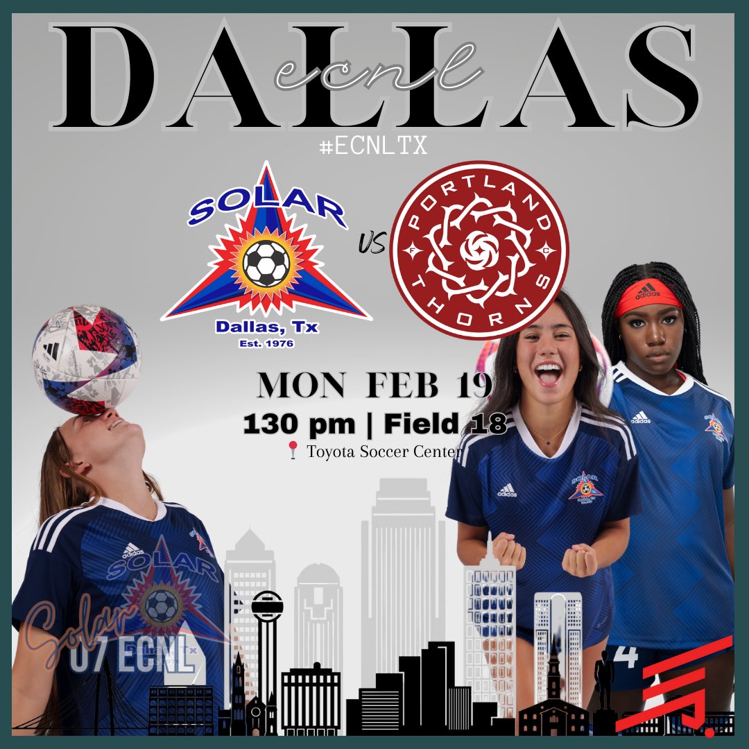 Solar 07/06G ECNL (U19) (@solar07g) on Twitter photo Final day of #ECNLDTX 🤠
⏰ 1:30 PM
📍Field 18 | Toyota Soccer Center
🆚 Portland Thorns
If you’re still in town, we would 🫶 to see you there!
<a href="/ECNLgirls/">ECNL Girls</a> <a href="/TopDrawerSoccer/">TopDrawerSoccer</a> <a href="/PrepSoccer/">Prep Soccer ⚽️</a> <a href="/ImYouthSoccer/">ECNL/GA/Recruiting/College Soccer</a> <a href="/ImCollegeSoccer/">College Soccer Truth ™</a> <a href="/SolarSoccerClub/">Solar Soccer Club</a> Final day of #ECNLDTX 🤠
⏰ 1:30 PM
📍Field 18 | Toyota Soccer Center
🆚 Portland Thorns
If you’re still in town, we would 🫶 to see you there!
<a href="/ECNLgirls/">ECNL Girls</a> <a href="/TopDrawerSoccer/">TopDrawerSoccer</a> <a href="/PrepSoccer/">Prep Soccer ⚽️</a> <a href="/ImYouthSoccer/">ECNL/GA/Recruiting/College Soccer</a> <a href="/ImCollegeSoccer/">College Soccer Truth ™</a> <a href="/SolarSoccerClub/">Solar Soccer Club</a>