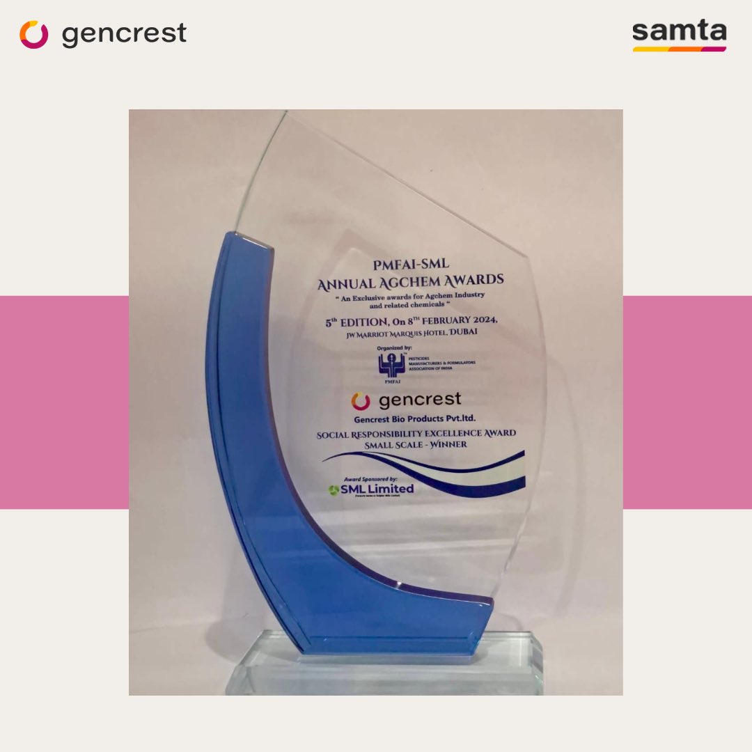 GencrestPvtLtd's tweet photo. Team Gencrest is thrilled to announce that we have been awarded the prestigious Social Responsibility Excellence award from PMFAI, which represents Indiaโs Pesticide Manufacturers, Formulators, and Traders.
#Gencrest #SamtaGroup #PMFAI #SocialResponsibilityExcellence #Award https://t.co/QJ2TxLpTQg
