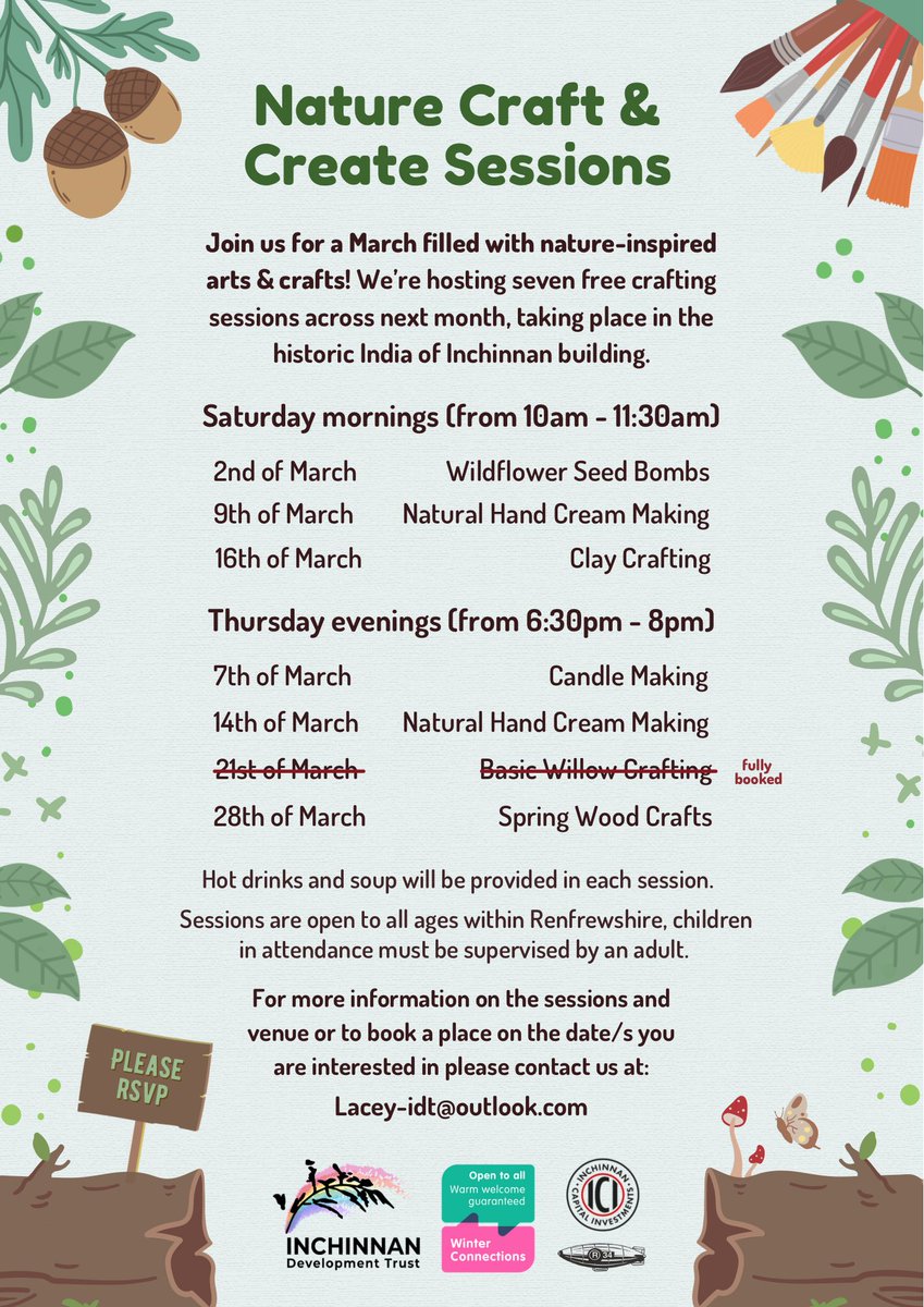 Join us for a March filled with nature-inspired crafts 🌿🎨

We’re hosting seven free crafting sessions next month, taking place in the historic India of Inchinnan building, as part of @RenCouncil’s #WinterConnections ❄️

RSVP at: Lacey-idt@outlook.com

#inchinnan #renfrewshire