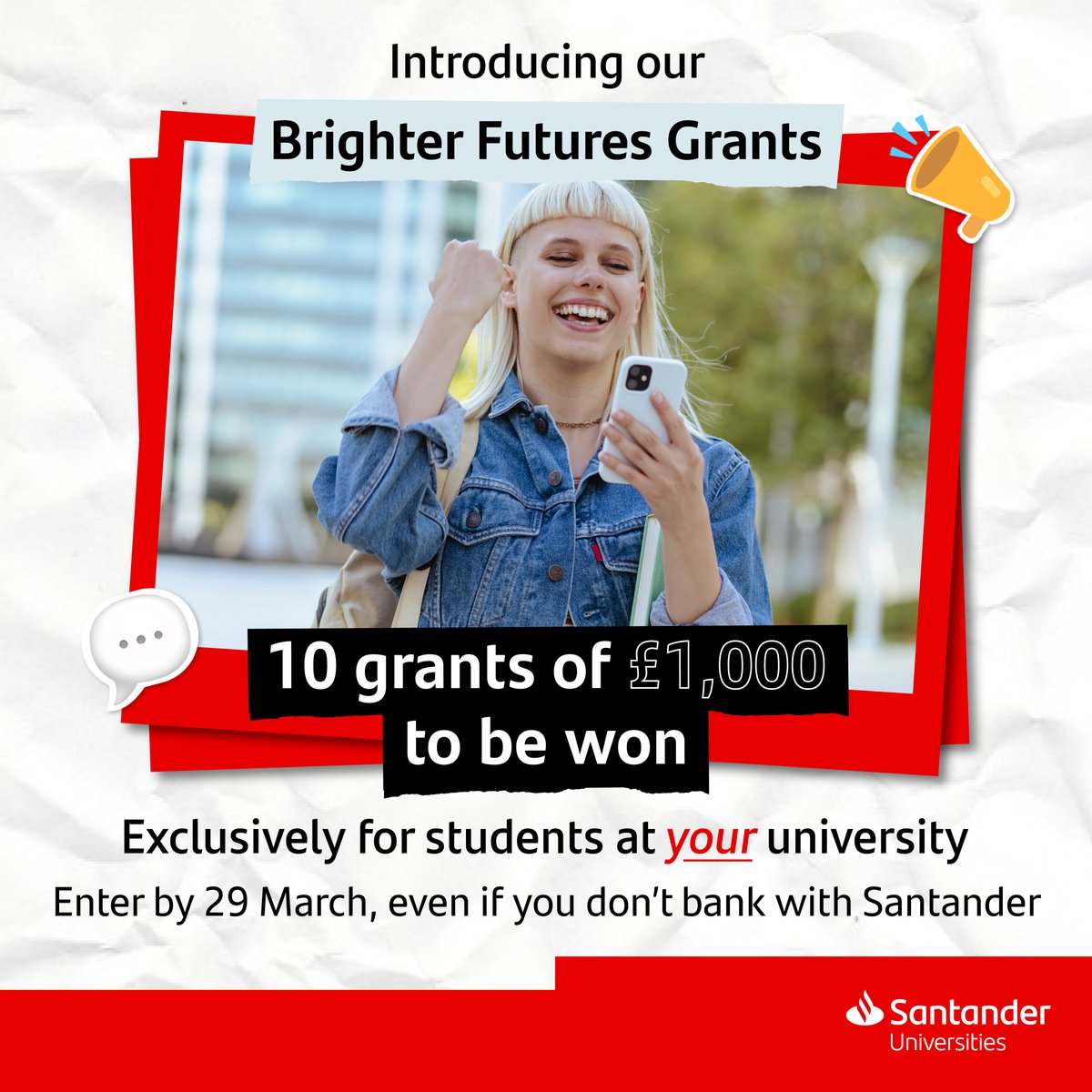 The Brighter Futures Grants programme is back. We’re giving away 10 lots of £1,000 exclusively for our students. 

Enter by March 29 for your chance to win ➡️ edin.ac/3Sy8cJk 

#SanUniBFG24