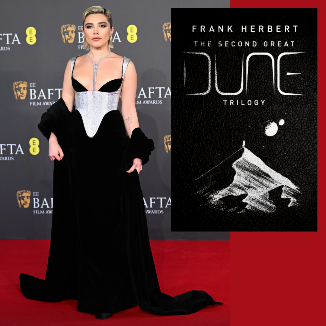 Nobody asked for it but here are the #BAFTAs red carpet #LooksToBooks! 💃 First up, #Oppenheimer star Florence Pugh and The Second Great Dune Trilogy by Frank Herbert 🖤 #DunePartTwo #books #FlorencePugh #BookTwitter #ChristopherNolan @BAFTA