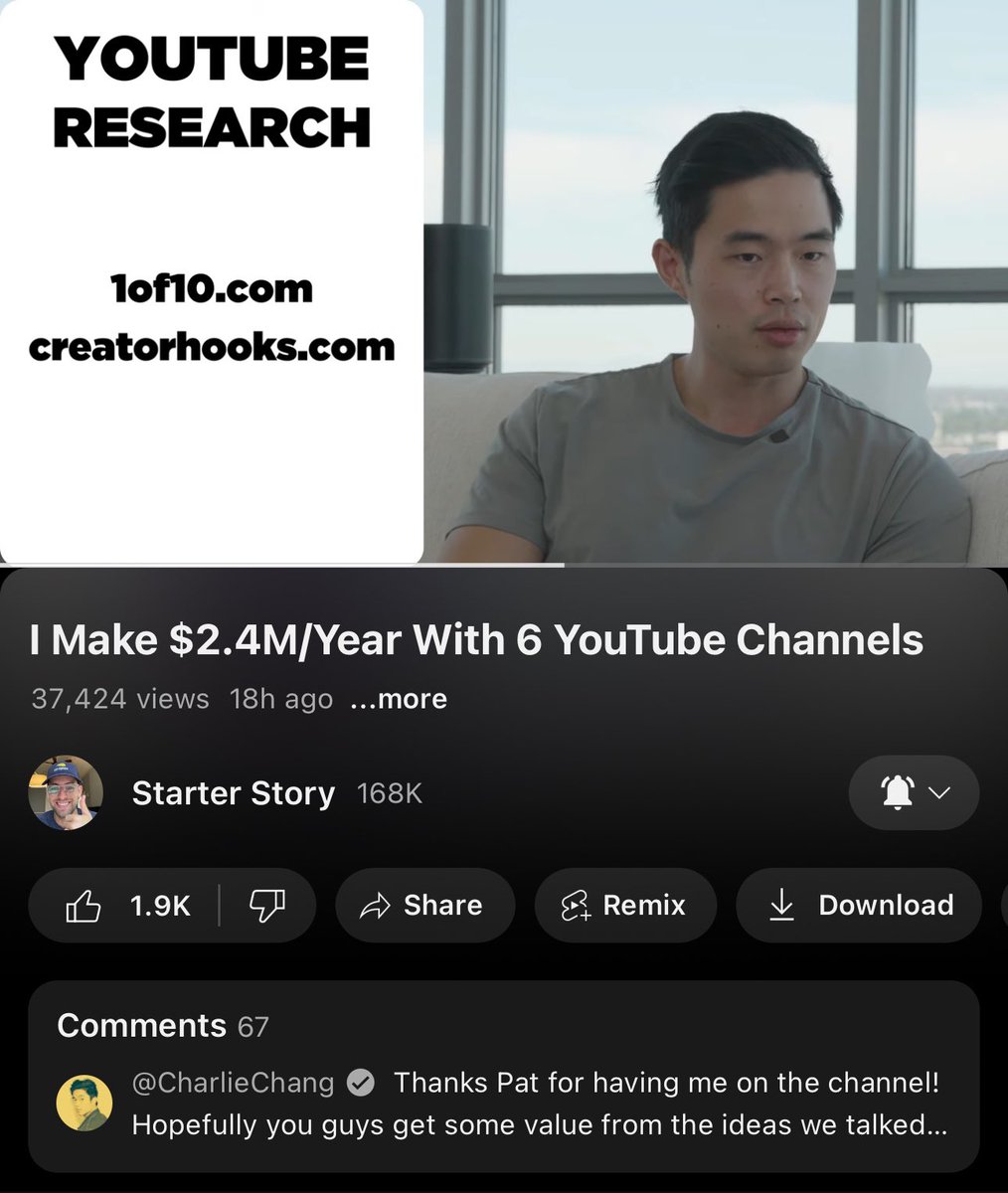 Watching newest @thepatwalls Starter Story about how @charlie__chang makes $2.4M/yr with 6 YouTube channels Tools: @jthomas__ Creator Hooks @Richard_YTS 1of10