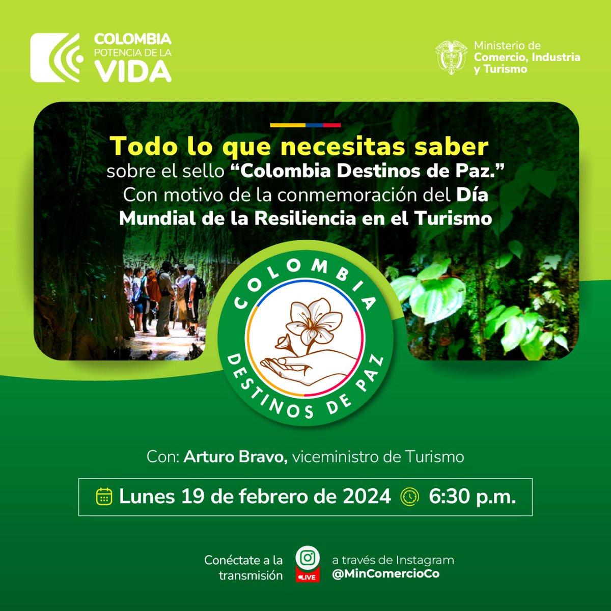 ¡Conmemoremos el Día Mundial de la Resiliencia en el Turismo! Hoy resolveremos sus dudas sobre cómo obtener el sello #ColombiaDestinosDePaz, nos vemos a las 6:30 p.m. en el Instagram de @MincomercioCo.