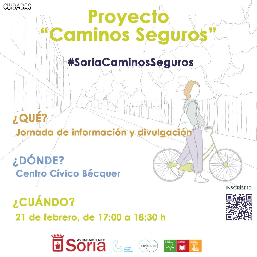 Te invitamos a asistir a la sesión de información y divulgación que tendrá lugar este miércoles.  
⬇️Lugar: Centro Cívico Bécquer 
🗓️Día: Miércoles 21 de febrero  
⏰Hora: 17:00 a 18:30 h.  
La sesión está abierta a toda la Comunidad Educativa.   #Soriacaminosseguros