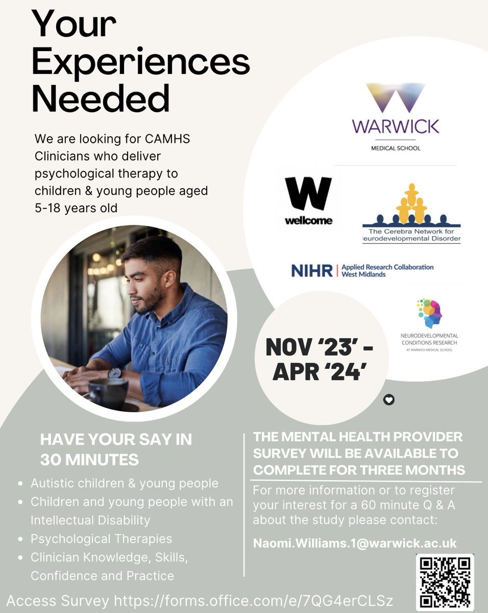 Research at CPFT (@cpft_research) on Twitter photo 📣 Staff at <a href="/CPFT_NHS/">CPFT</a> delivering psychological therapies for children and young people are invited to share their experiences in this survey, to help improve #MentalHealth care for #autistic children and individuals with #LearningDisabilities in #CAMHS:
➡️ bit.ly/49dzeM2 📣 Staff at <a href="/CPFT_NHS/">CPFT</a> delivering psychological therapies for children and young people are invited to share their experiences in this survey, to help improve #MentalHealth care for #autistic children and individuals with #LearningDisabilities in #CAMHS:
➡️ bit.ly/49dzeM2