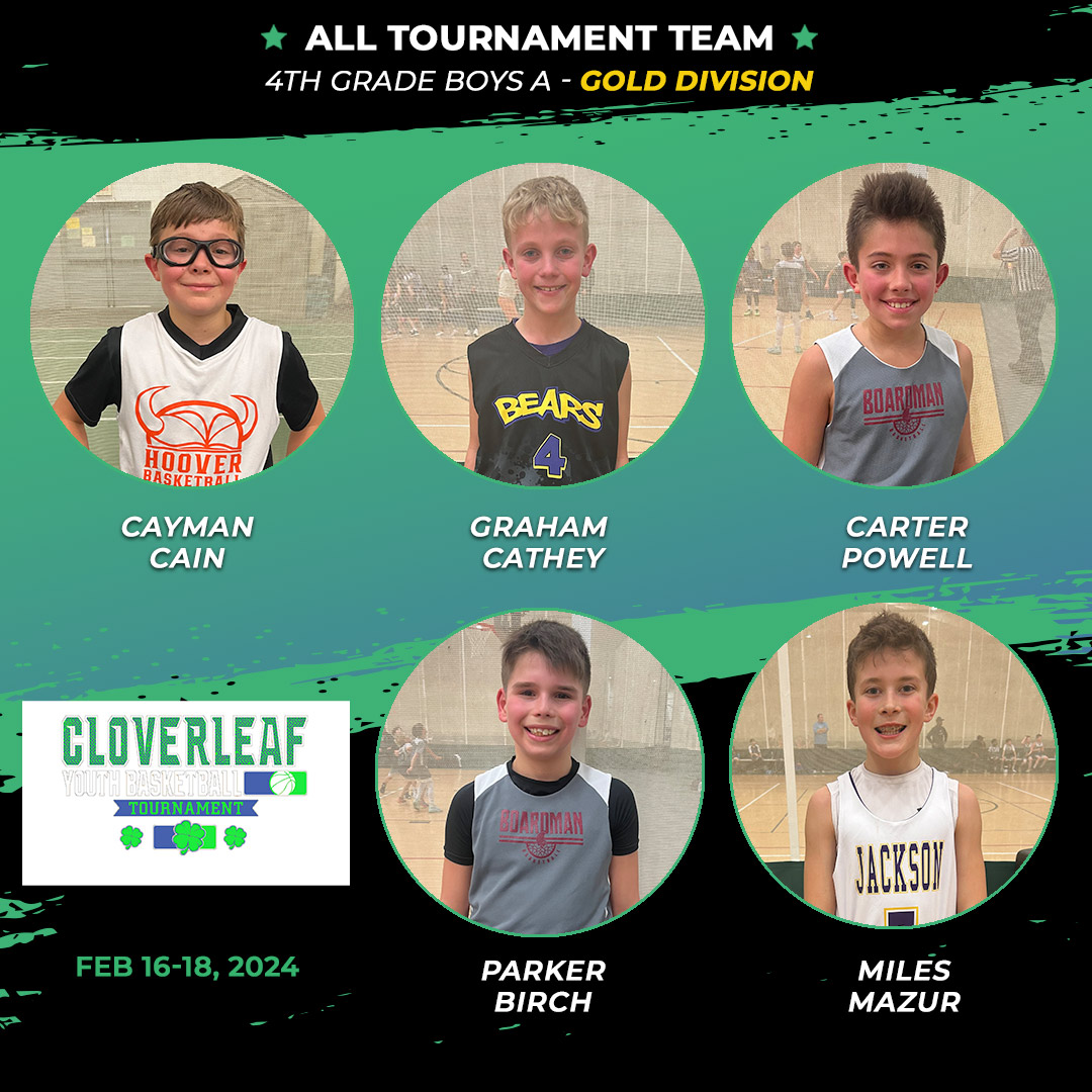 Cloverleaf 4th-grade boys A gold division, all-tournament team! @PurpleNGoldCrew @BoardmanHoops @nchoovervikings