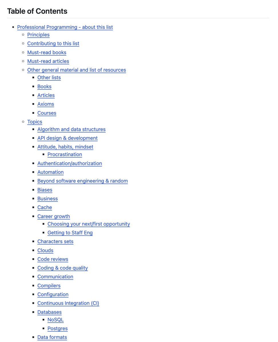 My first manager at Uber started a GitHub page back at the time with resources to become a more proficient developer - ones he personally found helpful (he did not have a CS degree). I realized he is *still* updating it, 7 years later! A neat list: github.com/charlax/profes…