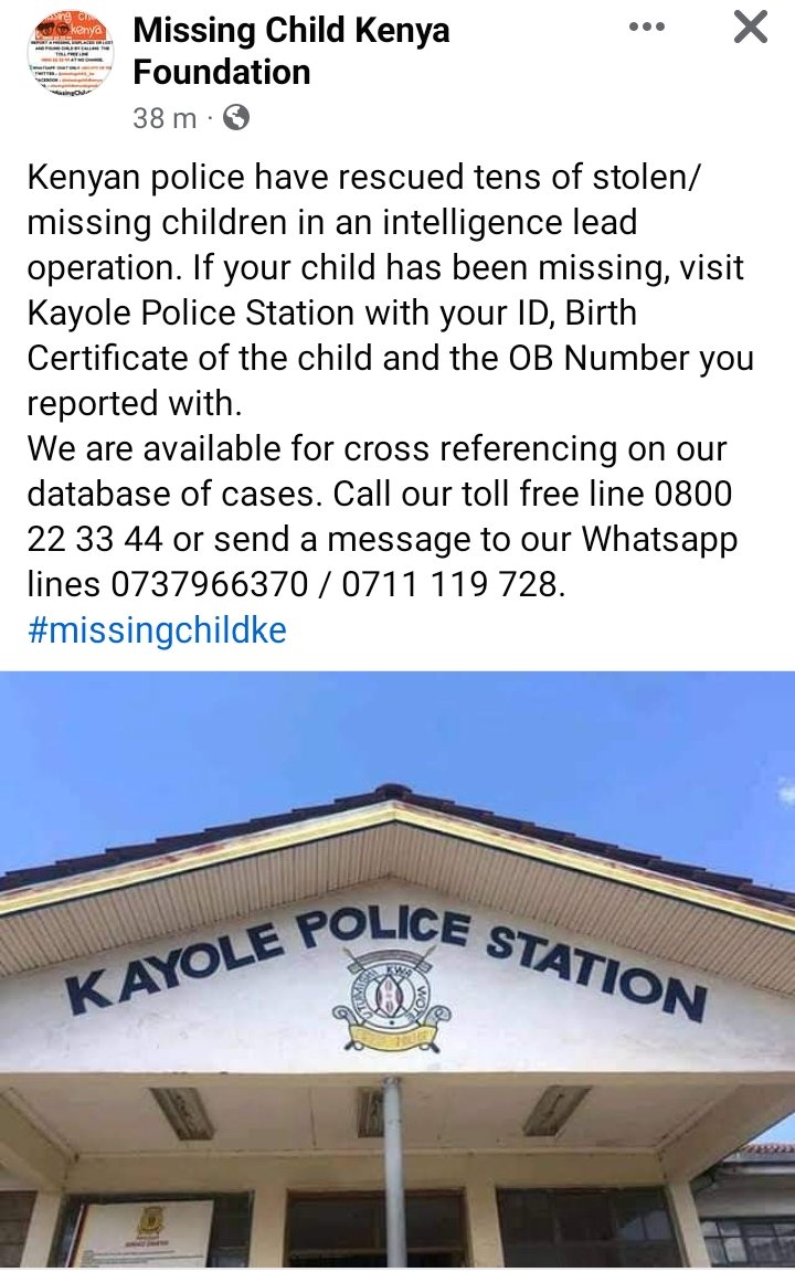 Rescue from Child Trafficking.

A child trafficking syndicate nabbed in Kayole, Nairobi. 
#Missingchildke #WhatsApp #EnoughIsEnough