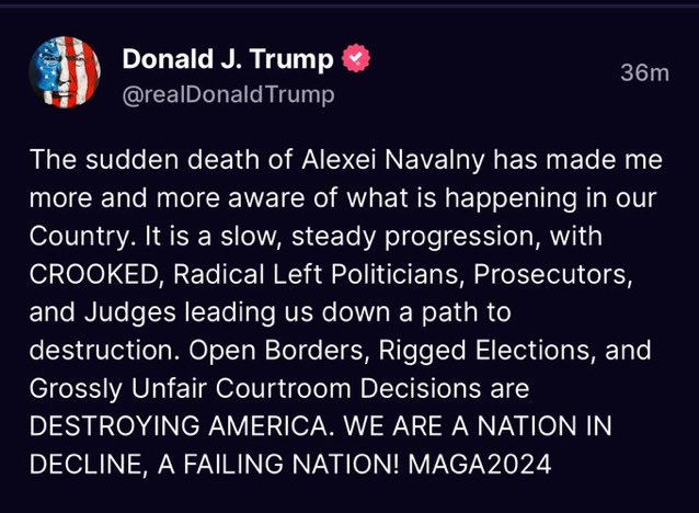 It took him nearly 72 hours to comment on “The sudden death of Alexi Navalny,” not to condemn Putin, but to suggest that the US is worse than Russia. Traitor.