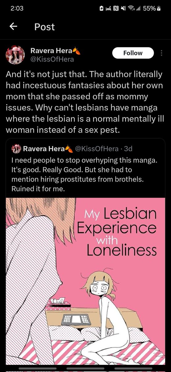 Staroxvia's tweet photo. why can't lesbians have a manga where the lesbian is a normal mentally ill woman https://t.co/DX3dApltb8