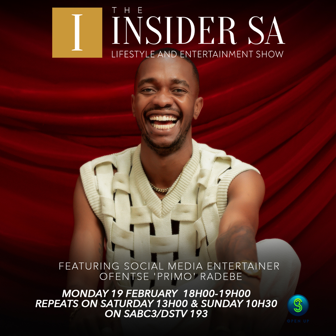 SABC3's tweet image. We’re celebrating youth on a roll on @TheInsiderSA Tonight⭐.  

This episode is jam packed with inspiring guests like Chef Nzuza Simphiwe, artist Athi-Patra Ruga and flanker Andisa Ntsila!

Tune in from 18:00.

#TheInsiderSA #S3OpenUp