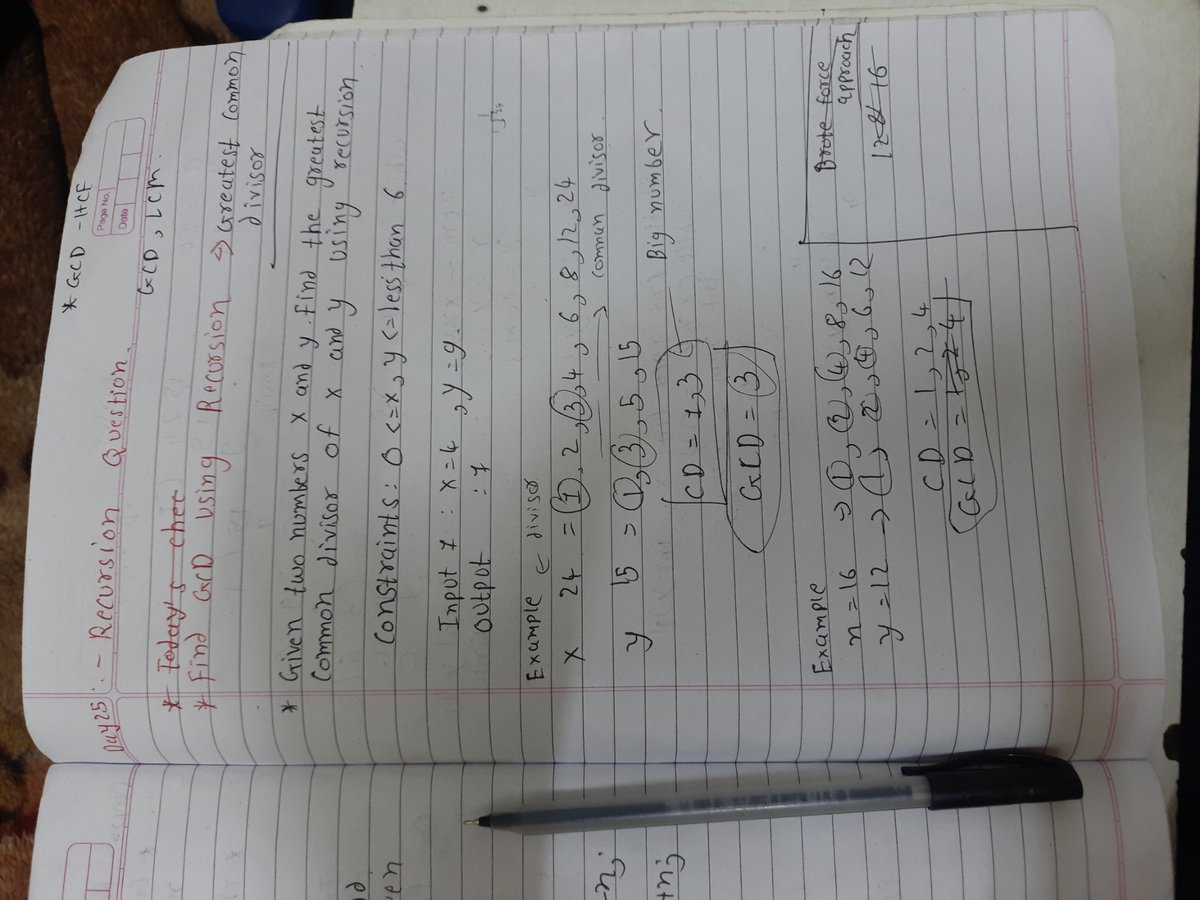 DK_DEV226's tweet photo. Day 25  Dsa:- recursion question
*Find gcd using recursion
#dsa
#recursion #handwrittennotes 
#100daysofcode https://t.co/ItqjaBeEZU