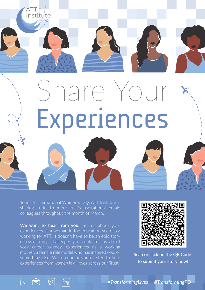 📣Calling our amazing @AcademyTrust women! For #InternationalWomensDay, we're spending March sharing the experiences & stories of our female colleagues across all roles within our Trust, & we want to hear from you! Scan the QR to submit yours👇 #TransformingPD #TransformingLives