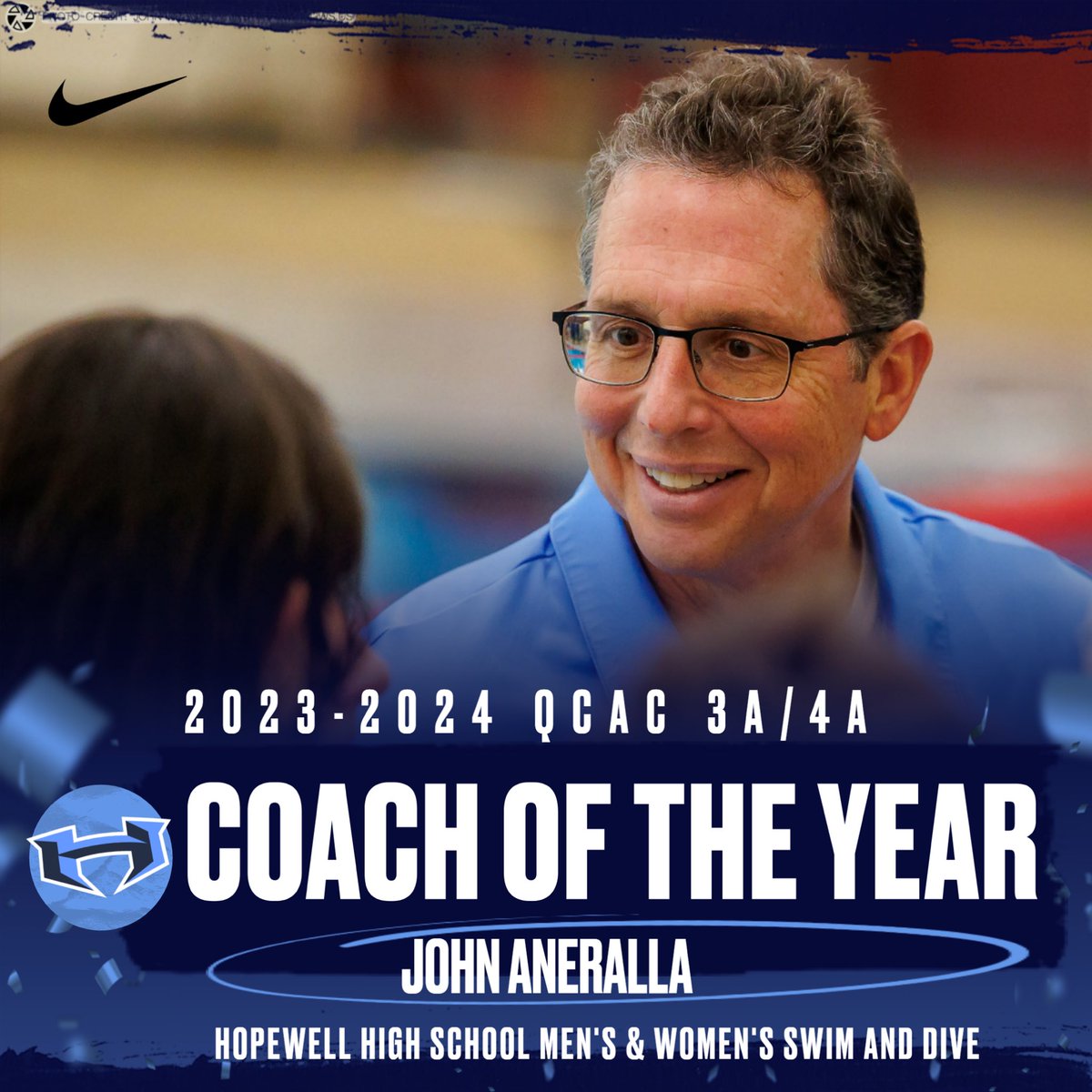 Congratulations to @hopewellswimanddive Head Coach John Aneralla for earning the 23-24 QCAC Coach of the Year award. In just his second year, Coach has his swimmers “just swimming” and shattering school records. #titanup⚔️ #gotitans⚔️