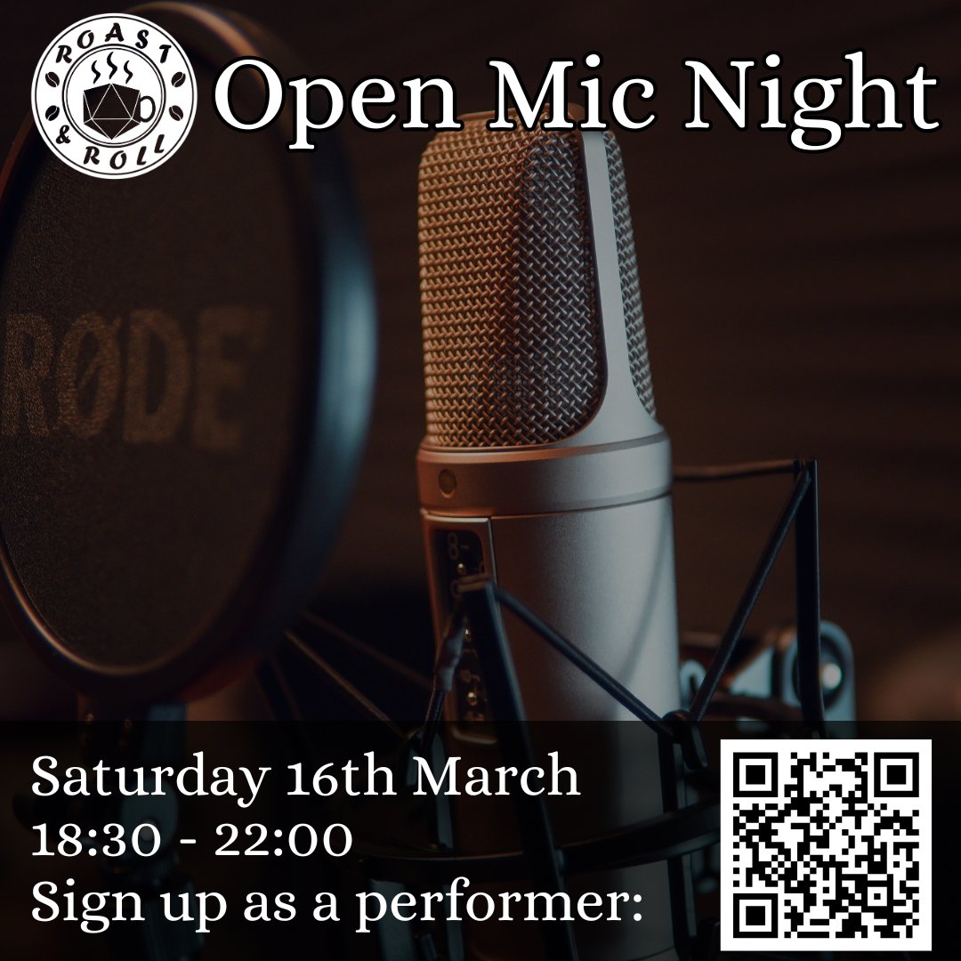 roastandroll's tweet photo. We will be hosting an Open Mic Night on Saturday the 16th of March from 18:30 - 22:00!
If you are a musician, comedian, or dabble in any other form of performance art please feel free to sign up using the link below or by scanning the QR code
https://t.co/z6r3pEDahU https://t.co/p6QfKRf1Be