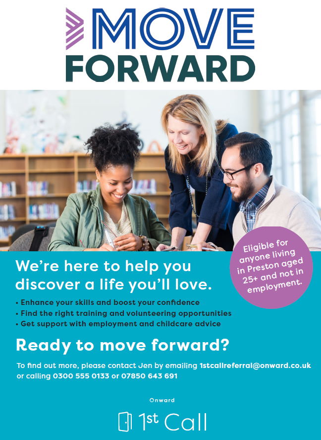 Ready to move forward? <a href="/1stCallHyndburn/">1stCall</a> could help you discover a life you'll love!

💙 Enhance skills and boost confidence
💙 Find training and volunteering opportunities
💙 Get employment and childcare advice

Email 1stcallreferral@onward.co.uk to find out more.