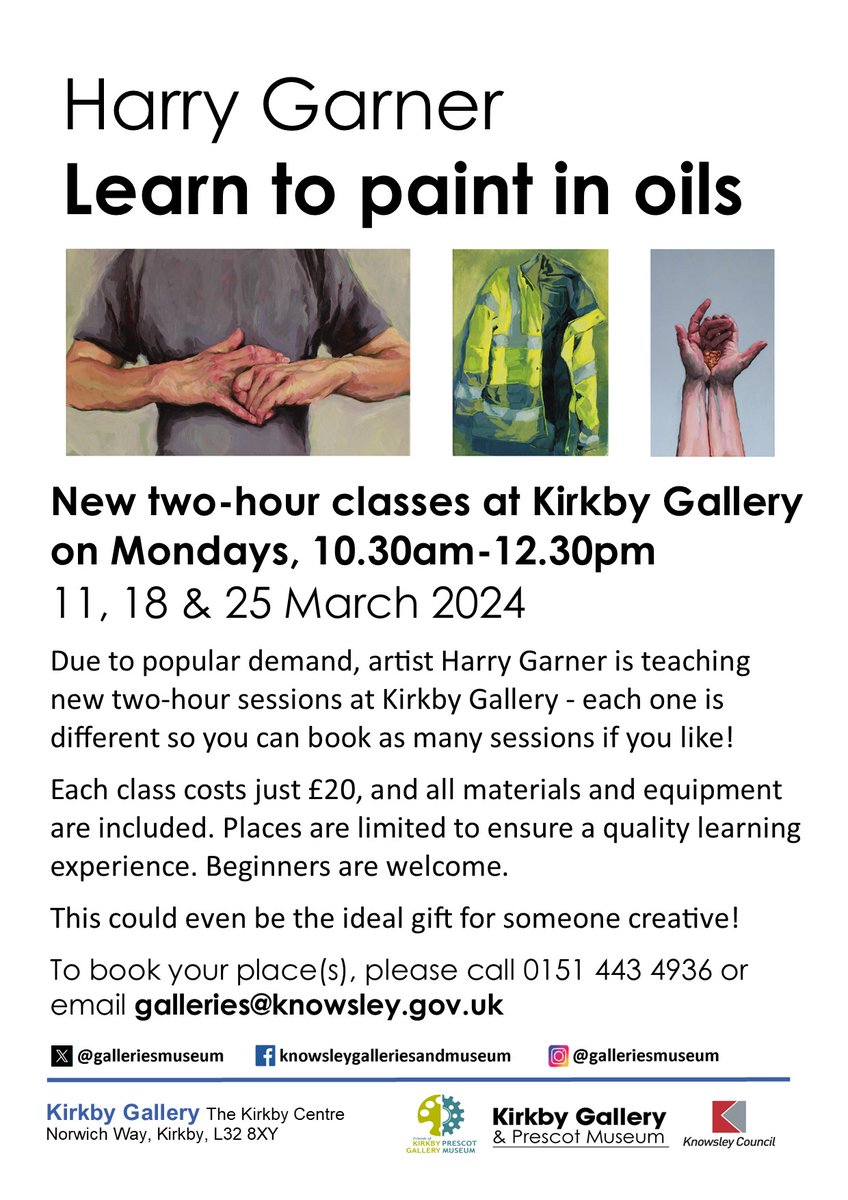 Ever fancied working in oil paint but not sure where to start? Artist Harry Garner is hosting new two-hour sessions at Kirkby Gallery, just £20 per class including all materials & equipment. Each week will be different, so book on to as many as you like! galleries@knowsley.gov.uk
