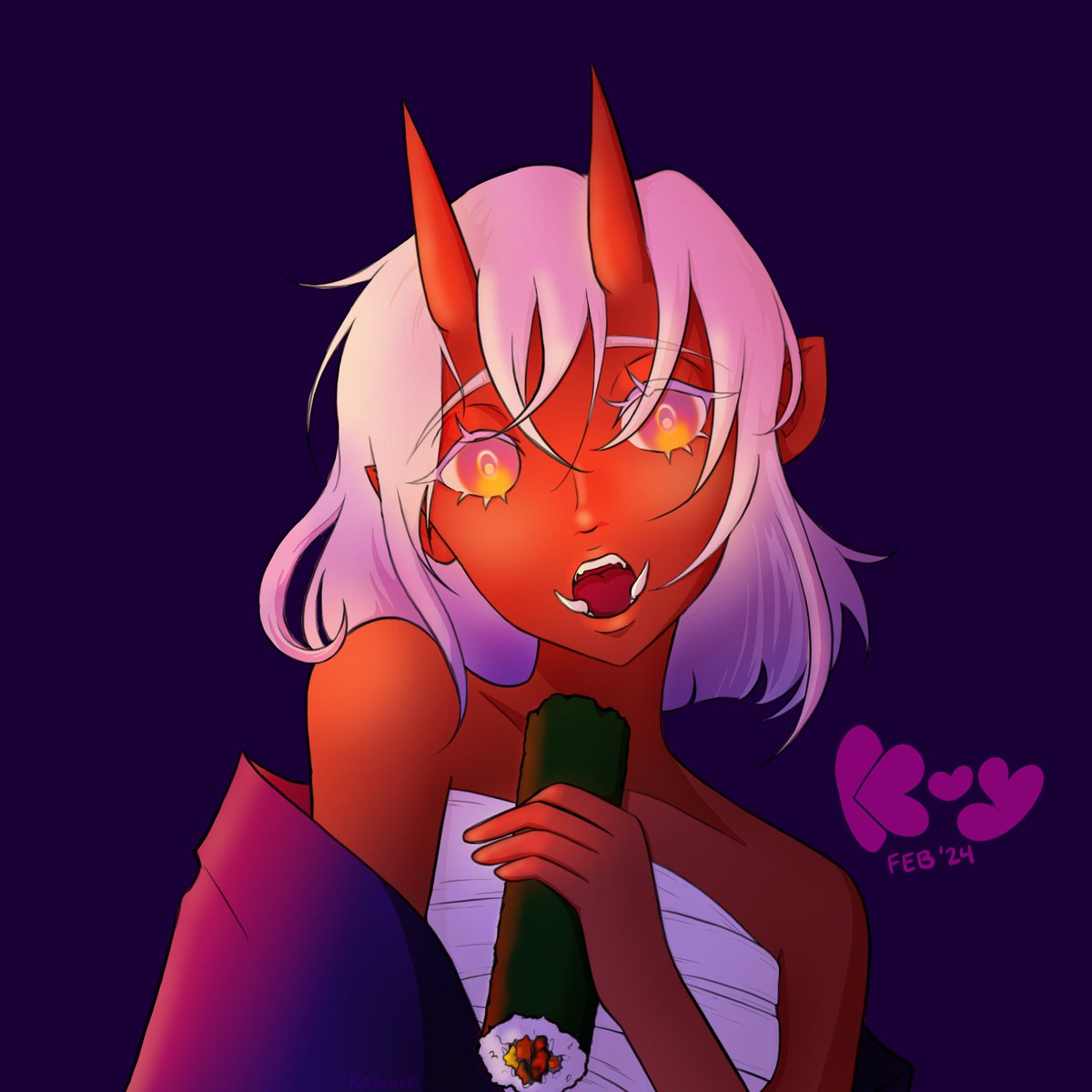 Koyuurei's tweet image. February 3rd is Setsubun in Japan! People eat "ehoumaki" and throw beans at "oni" to chase out the evil and invite in the good and happiness! It's also...my birthday! 👉👈
💜Anyway, here's February's piece! 2 of 12 Done!💜