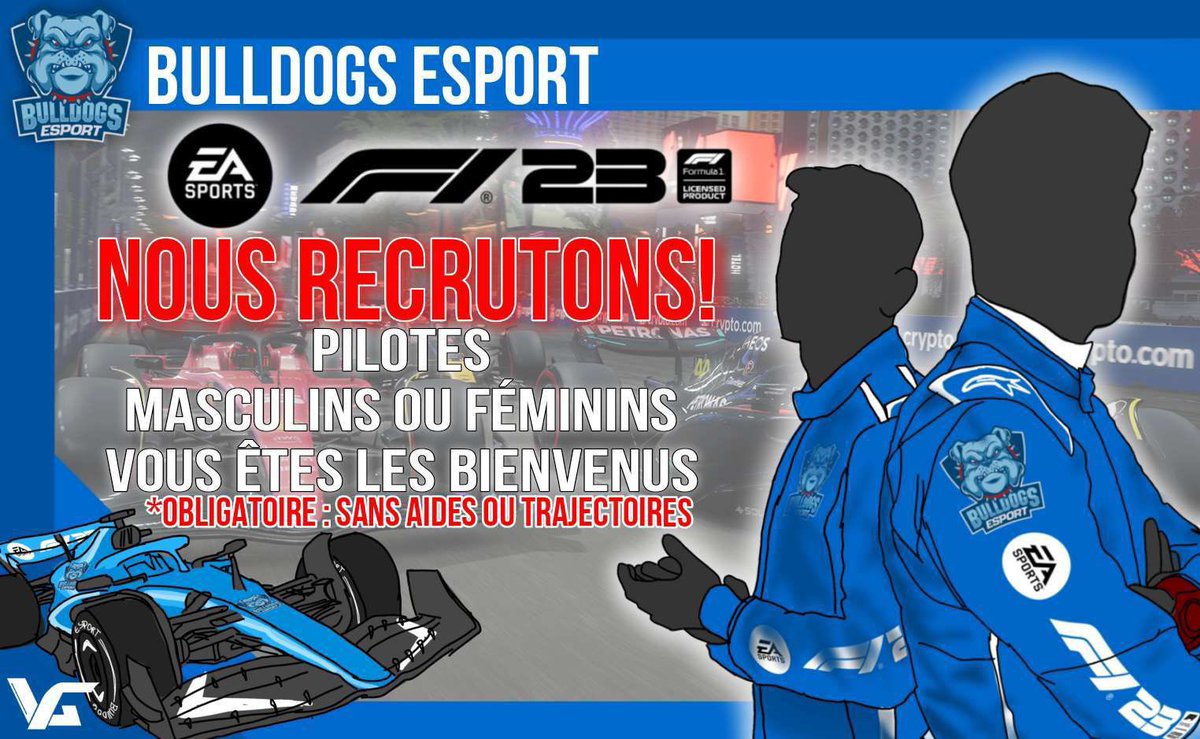 La Bulldog's Esport recherche des pilotes pour rejoindre son pôle F1 🏎️

Si vous êtes passionné par les courses automobiles et que vous cherchez une structure familiale et compétitive, c'est votre chance !

Nous recrutons des pilotes sans aide, avec une grande mentalité ✅

1/2⬇️