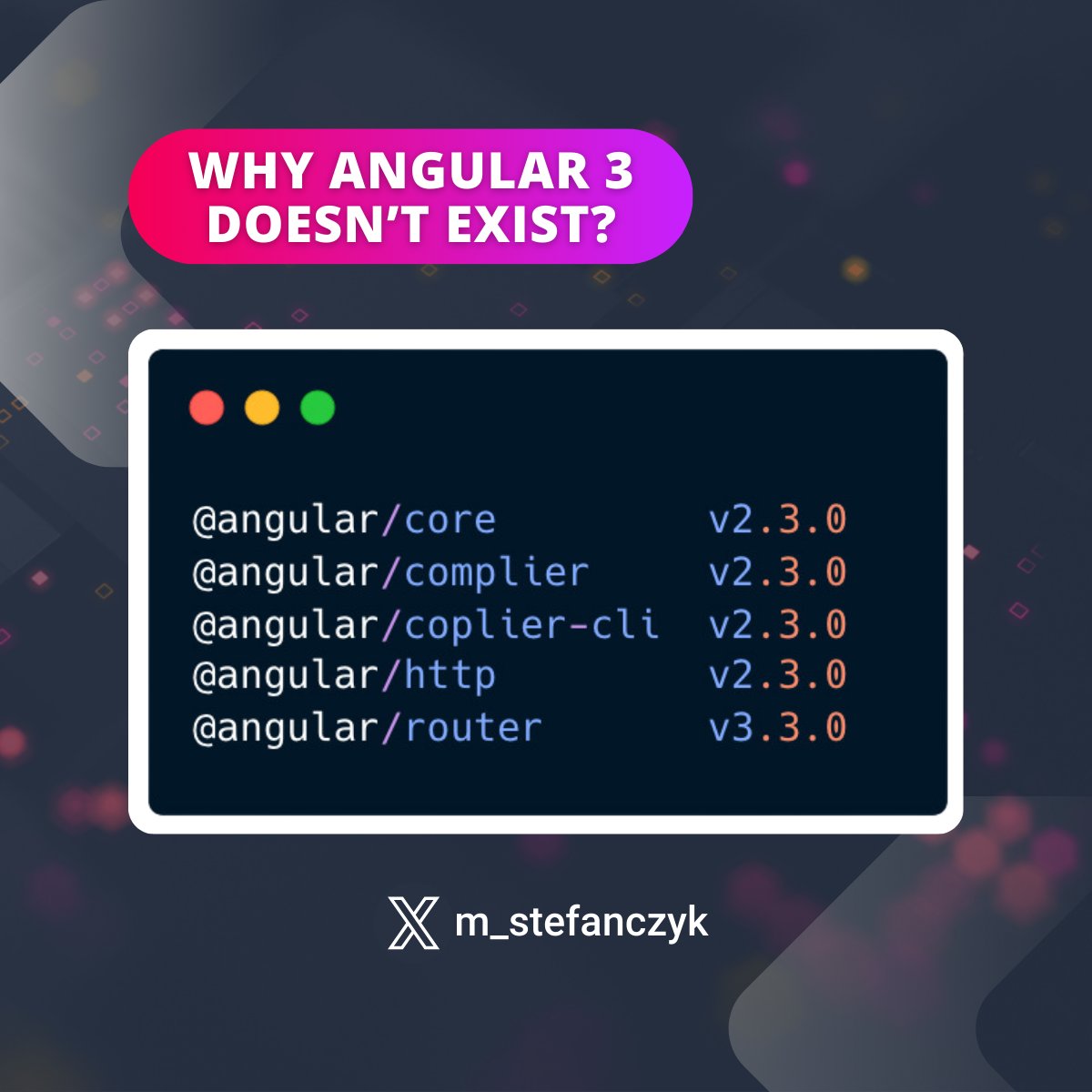 m_stefanczyk's tweet photo. Why #Angular doesn’t have version 3? 🤔

At Angular meetups, there's often a question about the favorite Angular version or a time a specific feature was introduced. Quite frequently, we hear the answer 'Angular 3', which usually leads to funny reactions because... Angular 3 was never officially released!

But why? 🤯 It all boils down to how Angular is developed - in a monorepo, where all packages are in the same repository but can be managed and versioned separately. During the intense development of the Angular router, it reached version 3 while other parts of the framework were still at version 2.

🚀 To avoid confusion and prevent further complications, like releasing Angular version 3 with the router already at version 4, the Angular team decided to skip Angular version 3, moving directly from Angular 2 to Angular 4.

Did you know about this tidbit? What's your favorite version of Angular? #angulartips #WebDevelopment