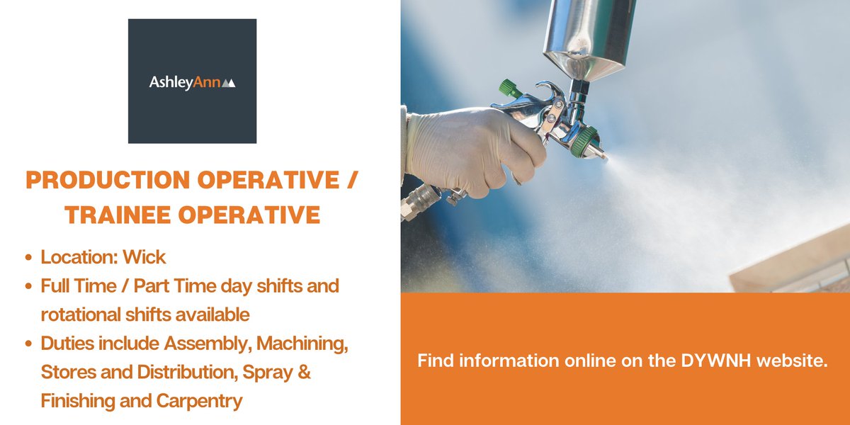 🛠️ Job Opportunities: Production Operative / Trainee Operative
🟠 Ashley Ann 📍 Wick

Ashley Ann is recruiting for Production Operatives to join the team in Wick!

👉 For more information/to apply, visit ow.ly/lr3U50QF6be