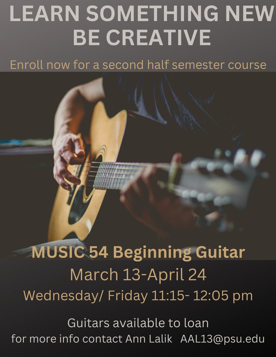 PSU Lehigh Valley (@psulehighvalley) on Twitter photo Learn guitar for college credit🎸
Sign up for Penn State Lehigh Valley's *1 credit* half-semester guitar instruction course, beginning this March 2024! 
***Guitars available on campus to be lent out. Learn guitar for college credit🎸
Sign up for Penn State Lehigh Valley's *1 credit* half-semester guitar instruction course, beginning this March 2024! 
***Guitars available on campus to be lent out.